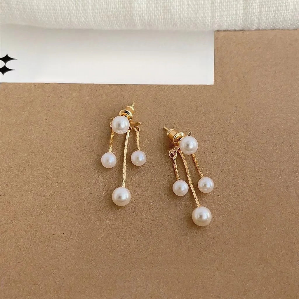 14K Plated Copper High Luster Pearl Tassel Drop Earrings Minimalist Long Geometric Style
