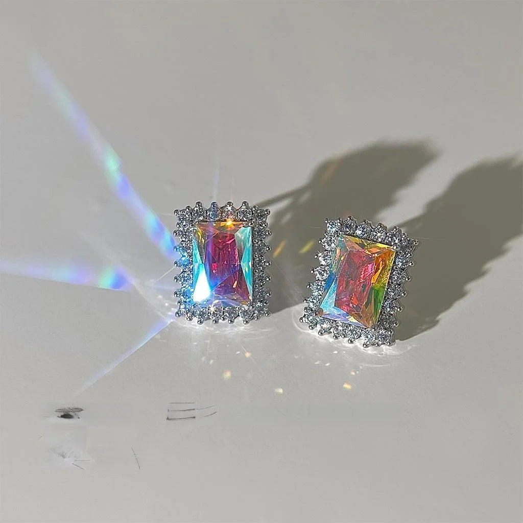 Luxury Geometric Square Zircon Stud Earrings Copper Colorful Sparkle Women's Jewelry