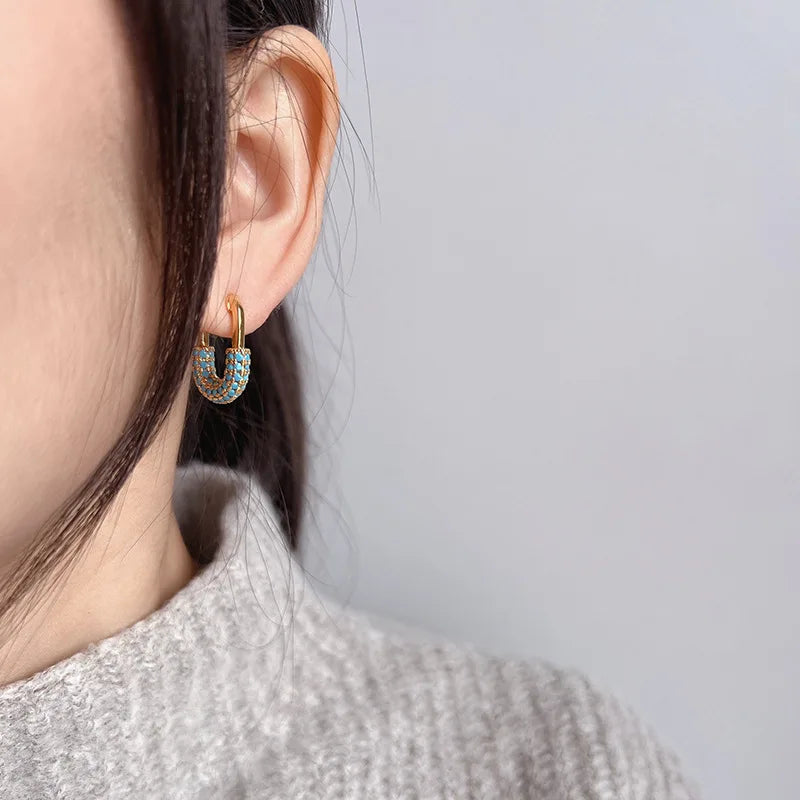 Elegant Turquoise Beaded U Shape Lock Gold Alloy Hoop Stud & Clip On No Piercing For Women Earrings