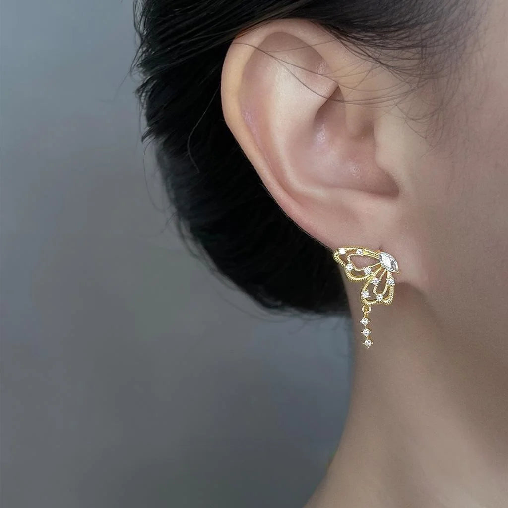 14K Gold Plated Butterfly Micro Pave Zircon Drop Earrings For Women, Elegant Fashion Jewelry