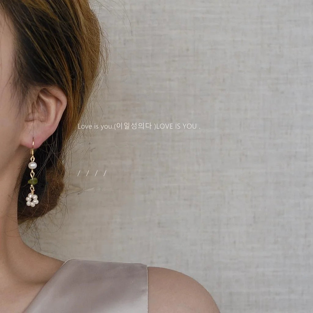 14K Plated Freshwater Pearl Geometric Tassel Drop Earrings French Vintage Handmade Jewelry