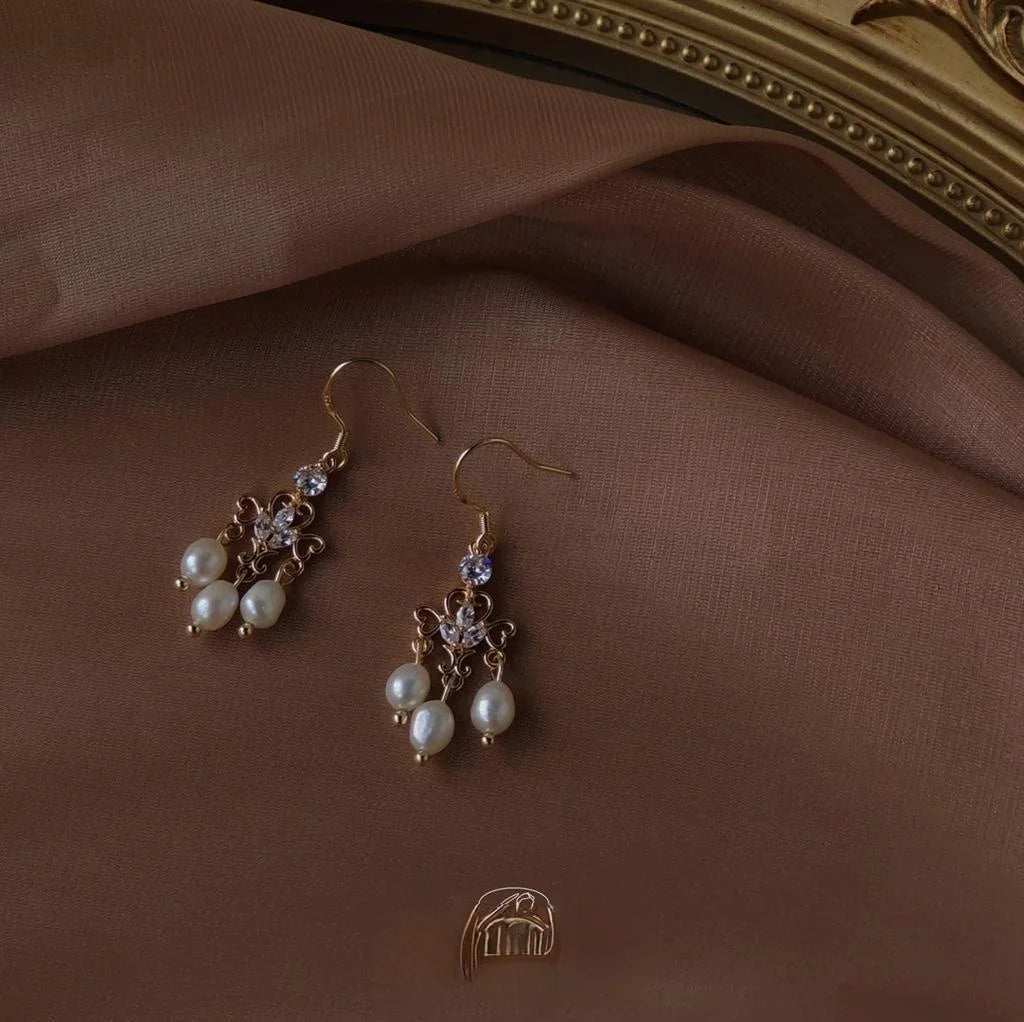 Vintage Palace Style Freshwater Pearl Drop Earrings 14K Gold Plated Copper Geometric Handmade Jewelry