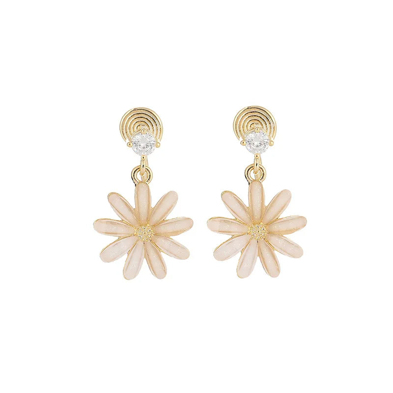 Elegant Enamel Daisy Flower Zircon Dangle Stud & Clip On No Piercing Gold Alloy Women's Earrings