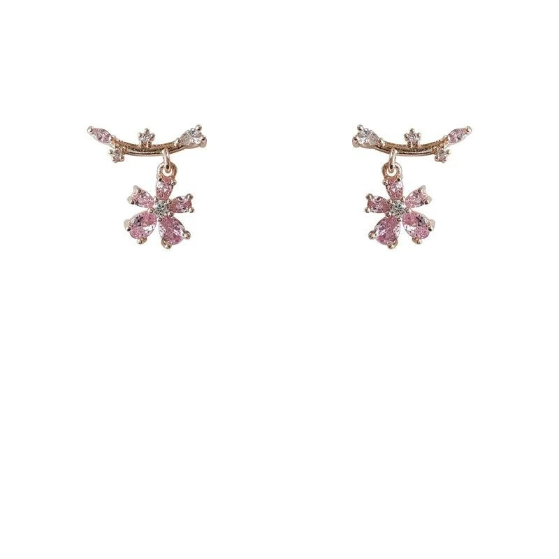 14K Plated Copper Flower Stud Earrings With Micro Pave Zircon Sweet Korean Style