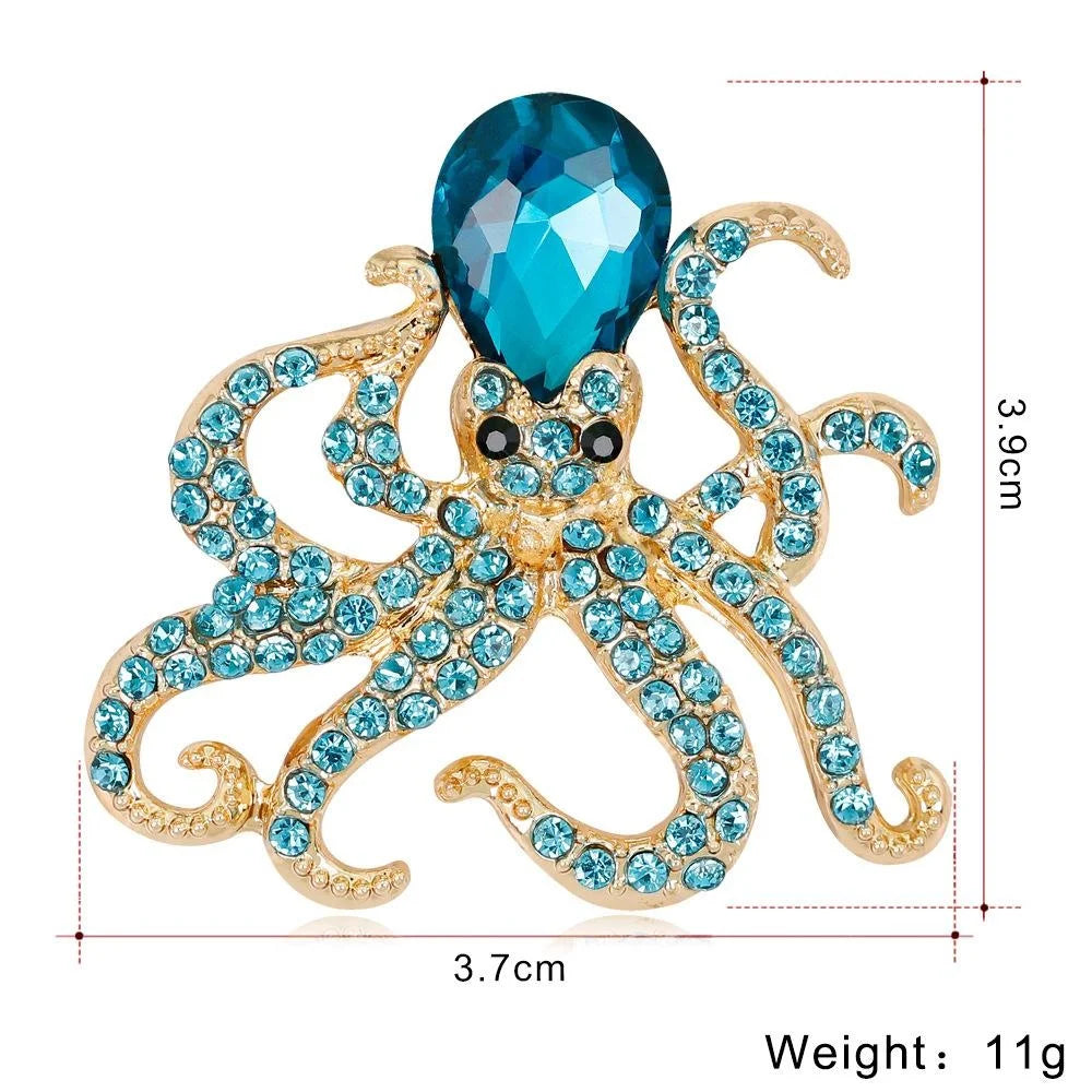 Luxury Emerald Rhinestone Octopus Brooch, Gold Tone Alloy Ocean Animal Lapel Pin Corsage Suit Accessory Gift