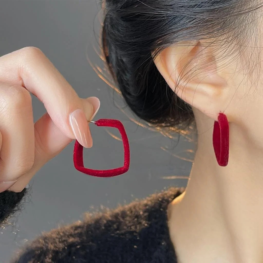 Burgundy Flocked Copper Geometric Ring Square Drop Earrings Vintage Hong Kong Style