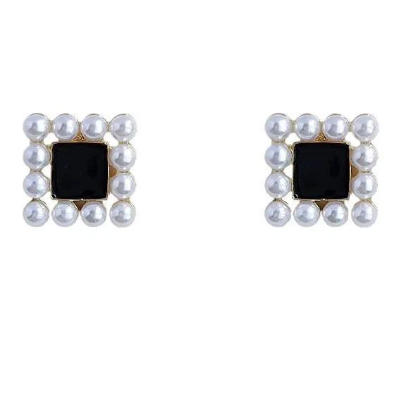 14K Plated Copper Square Geometric Enamel Pearl Stud Earrings