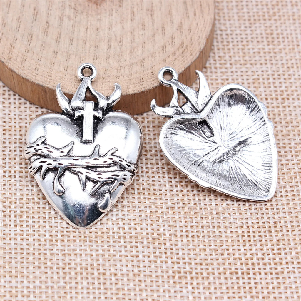 42x29mm 6.2g Antique Silver Zinc Alloy Gothic Thorn Heart Cross Charm Pendant for DIY Jewelry Making