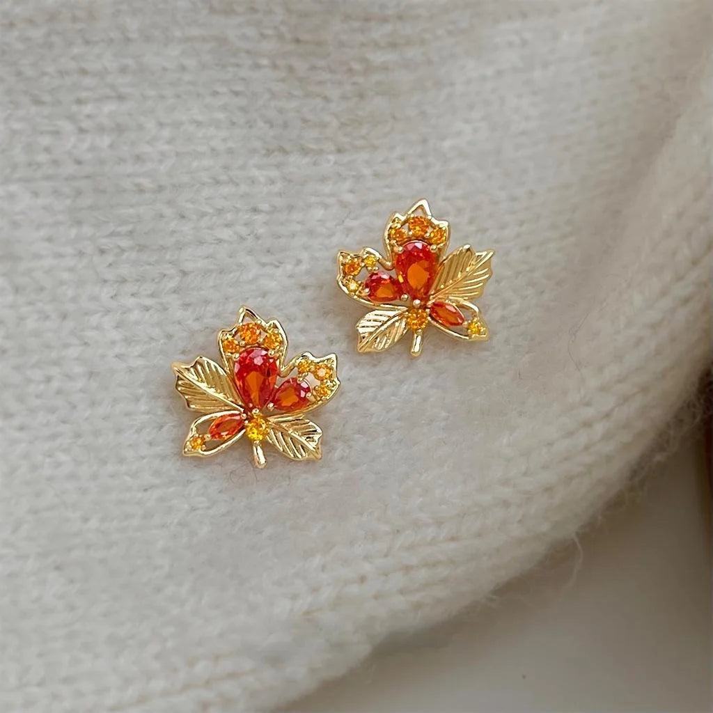 Maple Leaf Cubic Zirconia Inlaid Copper Stud Earrings Light Luxury Style