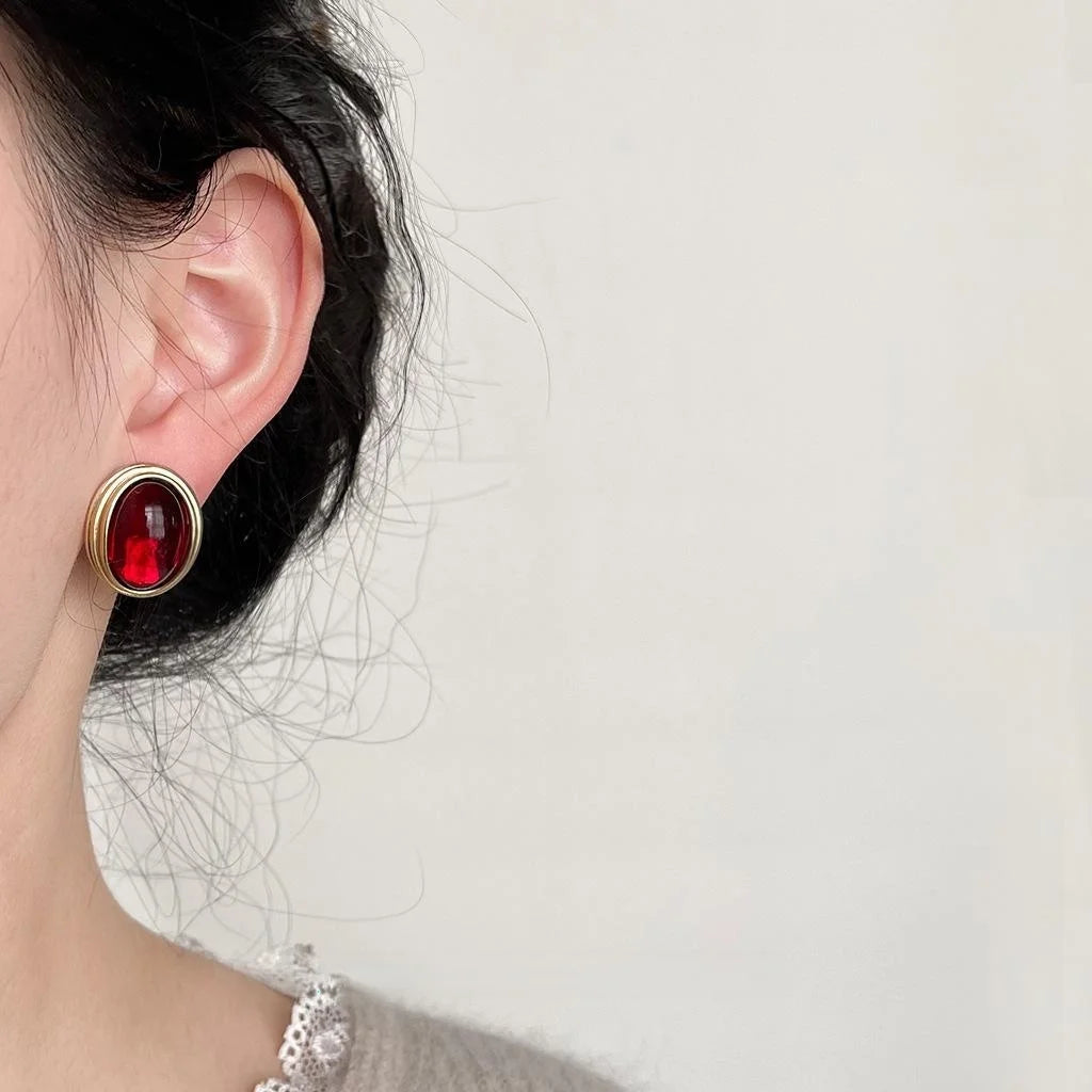 French Vintage Burgundy Oval Copper Stud Earrings 14K Gold Plated Matte Geometric Hong Kong Style