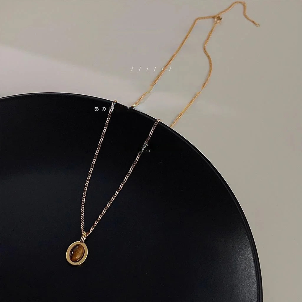 14K Gold Plated Copper Tiger Eye Stone Oval Geometric Clavicle Necklace For Women