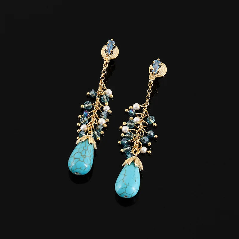 Vintage Turquoise Teardrop Tassel Alloy Crystal Pearl Stud & Clip On No Piercing Long Dangle Earrings