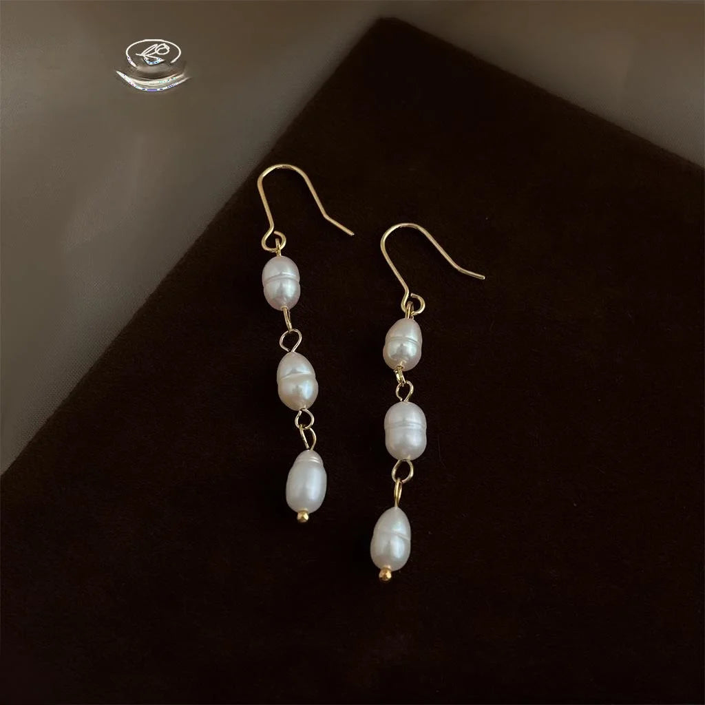 Natural Freshwater Pearl Long Tassel Drop Earrings Handmade Geometric Oval Light Luxury Jewelry