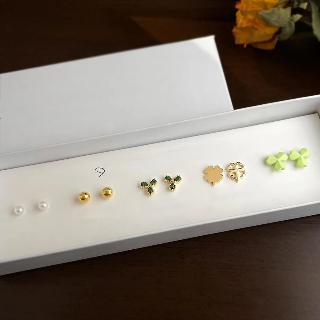 5 Piece Lucky Flower Zircon Stud Earrings Copper Floral Geometric Light Luxury Jewelry