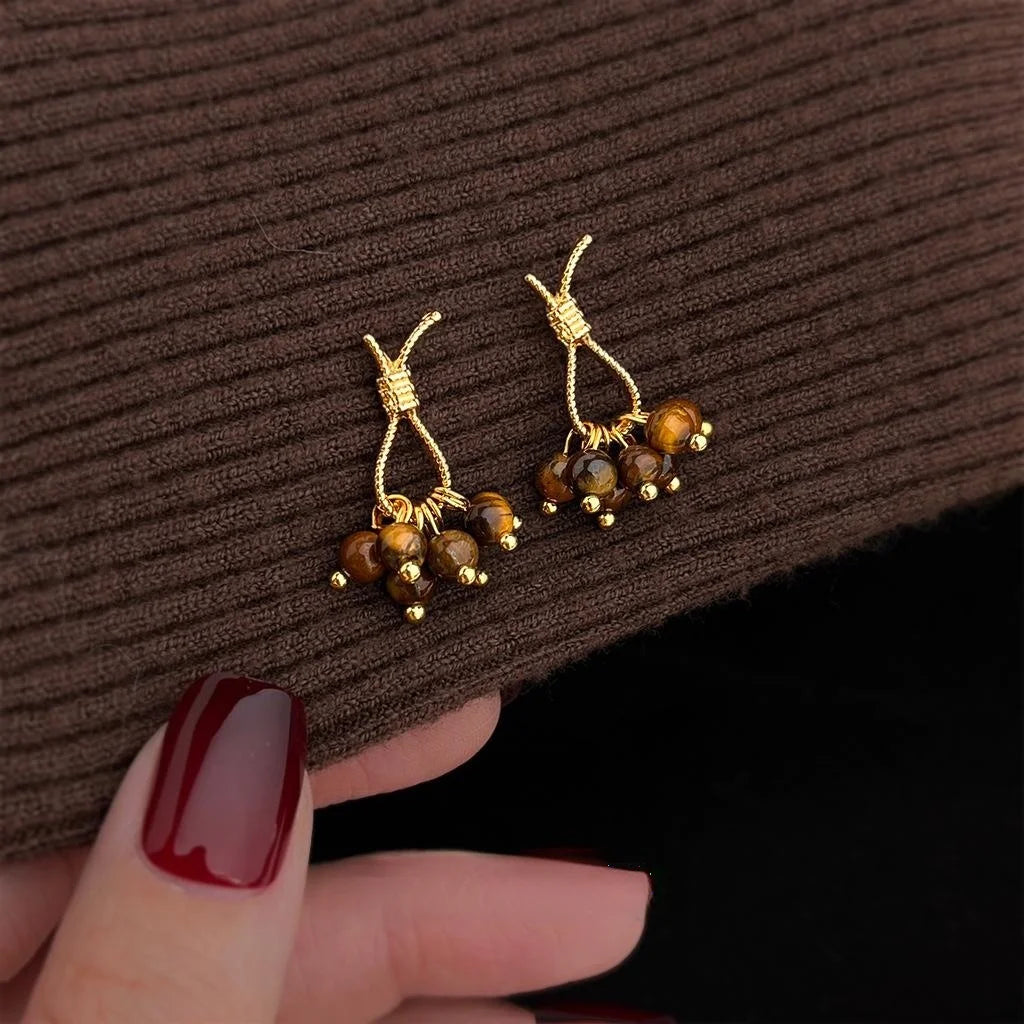 Maillard Vintage Copper Tiger Eye Rope Knot Tassel Grape Cluster Drop Earrings