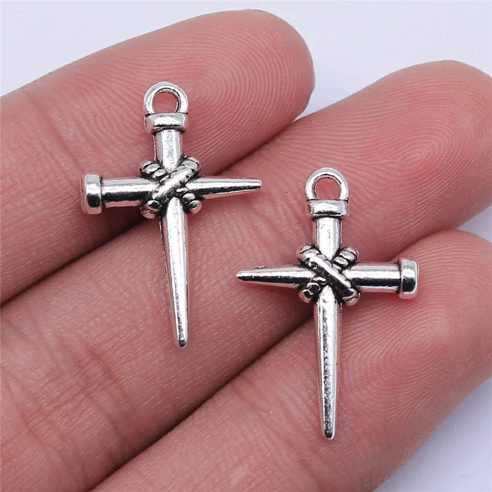 22x16mm 1.3g Antique Silver Zinc Alloy Nail Cross Charm Pendant for DIY Necklace Bracelet Making