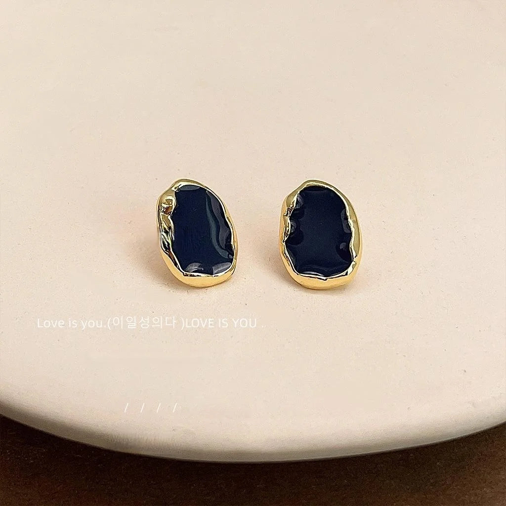 Haze Blue 14K Plated Metal Geometric Oval Enamel Stud Earrings For Women