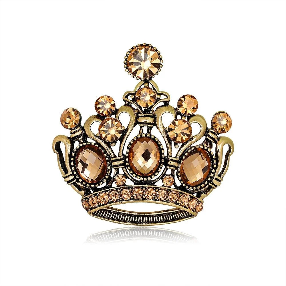 Vintage Hollow Crown Brooch With Amber Rhinestones, Elegant Alloy Lapel Pin For Suits And Gifts