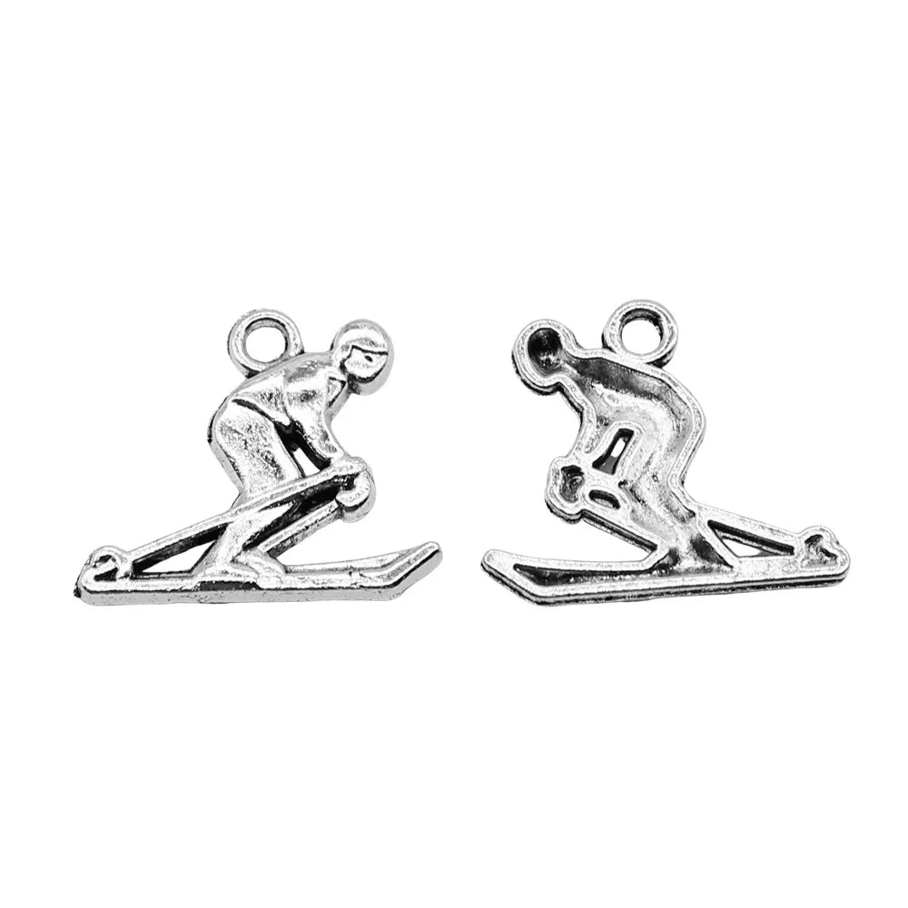 17x19mm 1.1g Antique Silver Zinc Alloy Skiing Charm Pendant for DIY Sports Jewelry Making