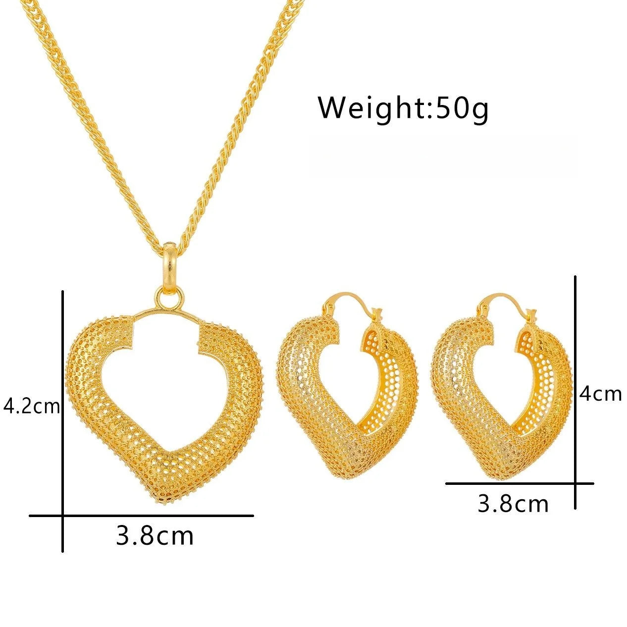 Luxury Gold Plated Alloy Heart Hoop Earrings And Pendant Necklace Jewelry Set For Dubai Bridal Wedding Party Gift
