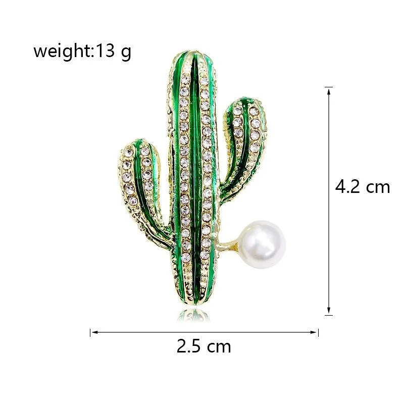 Elegant Green Enamel Cactus Brooch With Rhinestone Stripes And Pearl Accent, Women's Lapel Pin Gift