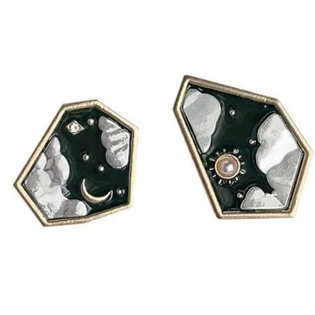 Artistic Asymmetric Star Moon Stud Earrings Copper Irregular Geometric Oil Painting Style