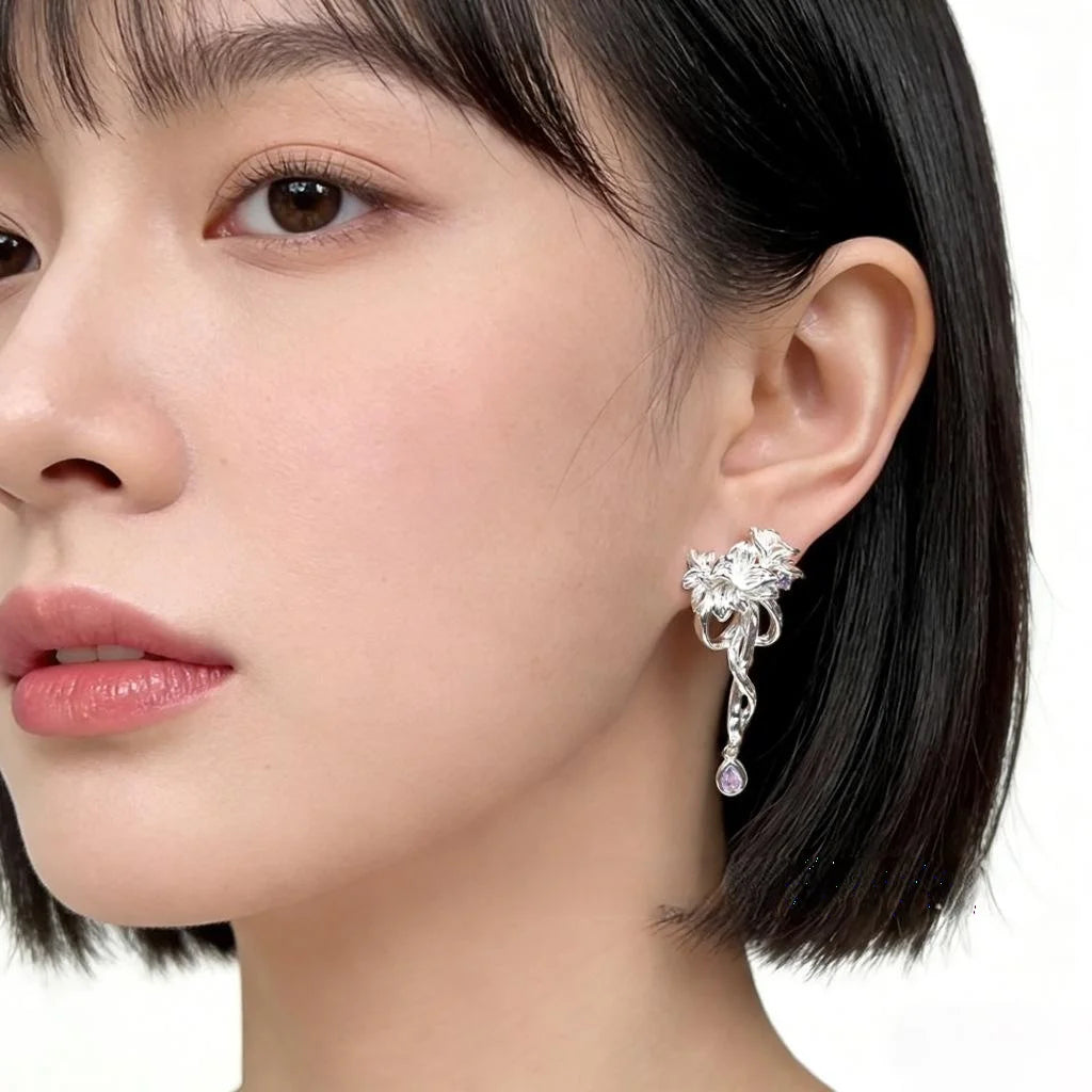 Original Designer Fairy Style Iris Vine Flower Copper Zircon Drop Earrings