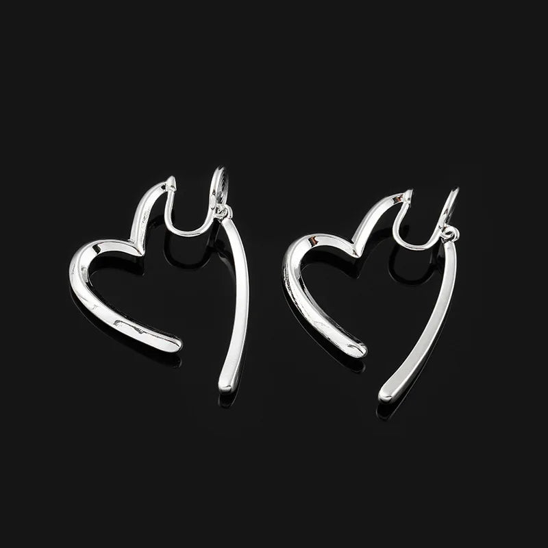 Elegant Silver Alloy Heart Hoop Stud & Clip On No Piercing Back Hanging Minimalist Earrings