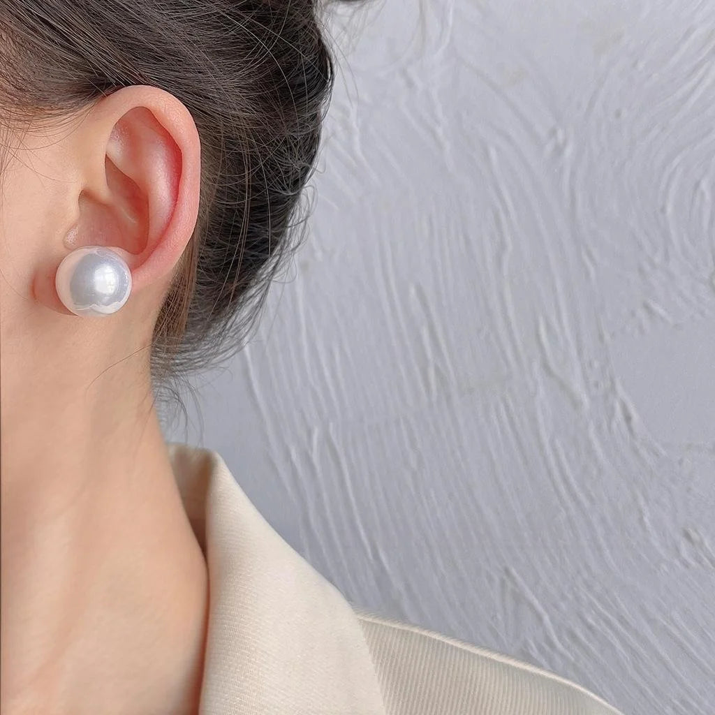 Silver Plated Half Round Faux Pearl Stud Earrings Geometric Fresh Fashion Jewelry