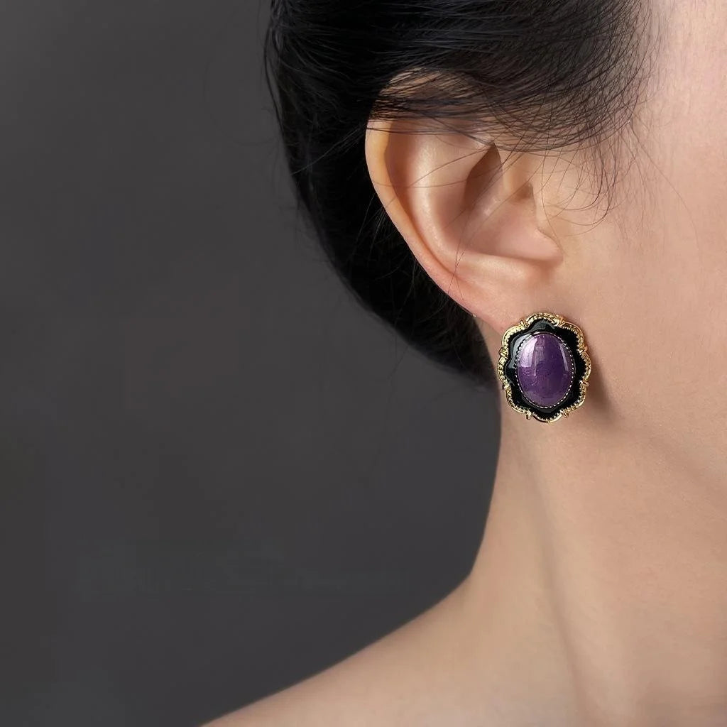 Vintage Purple 14K Plated Enamel Oval Floral Lace Drop Earrings