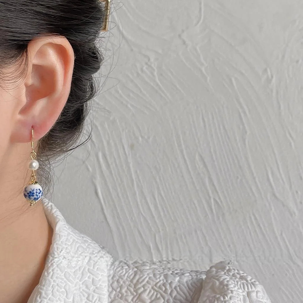 Vintage Chinese Style Ceramic Blue And White Pearl Waterdrop Drop Earrings With Silver Plated Pins