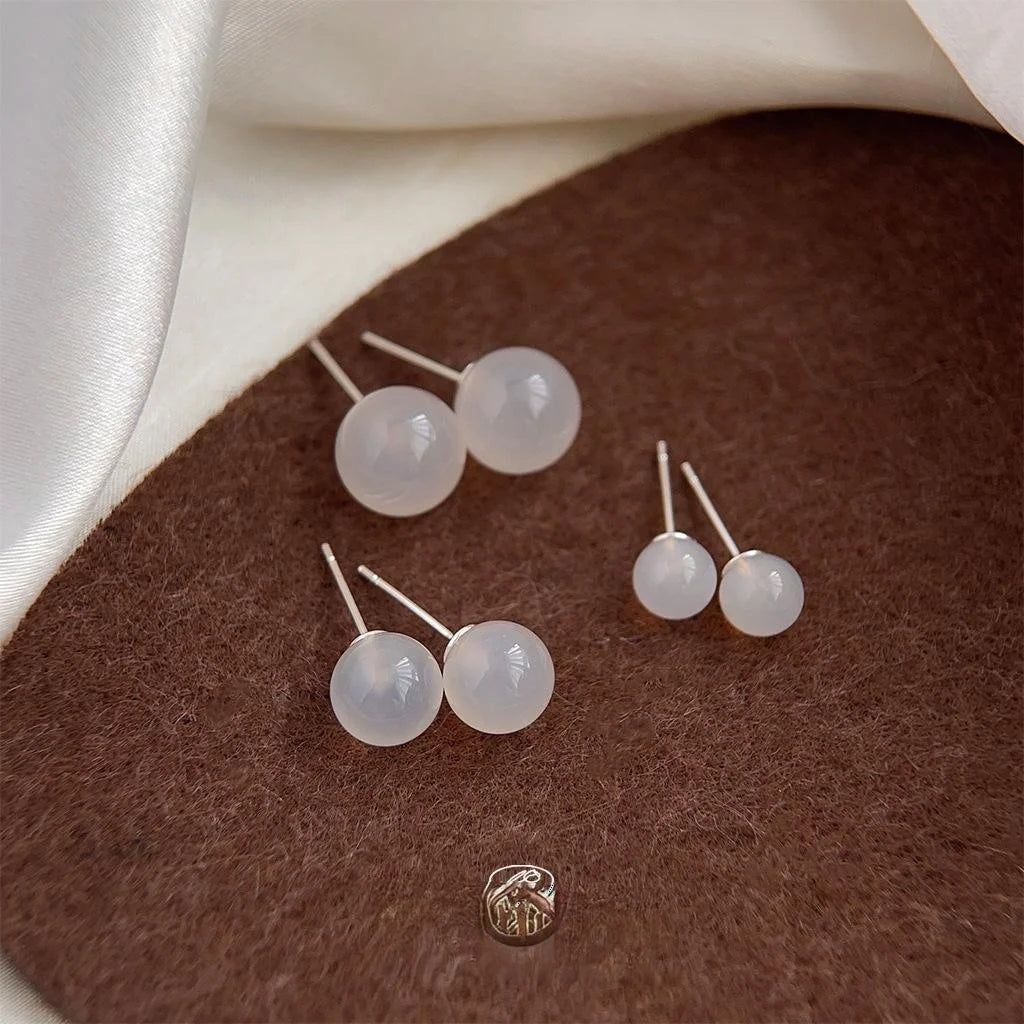 White Agate Natural Stone Round Geometric New Chinese Minimalist Stud Earrings for Women
