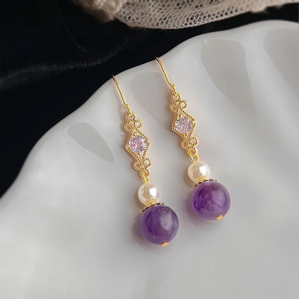 Vintage Palace Style Geometric Amethyst Zircon Pearl Copper Drop Earrings