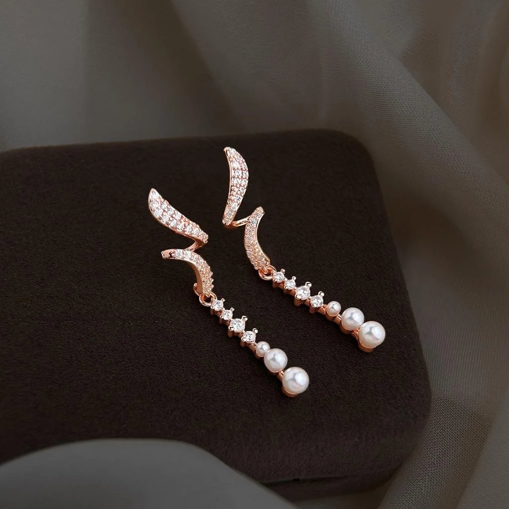 Elegant Long Waterdrop Tassel Drop Earrings With Copper, Lustrous Pearl And Pave Zircon