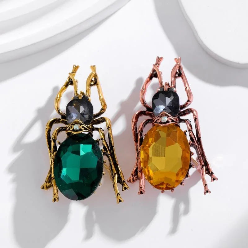 Vintage Rhinestone Beetle Brooch With Green Crystal Alloy Insect Lapel Pin, Elegant Suit Accessory Gift