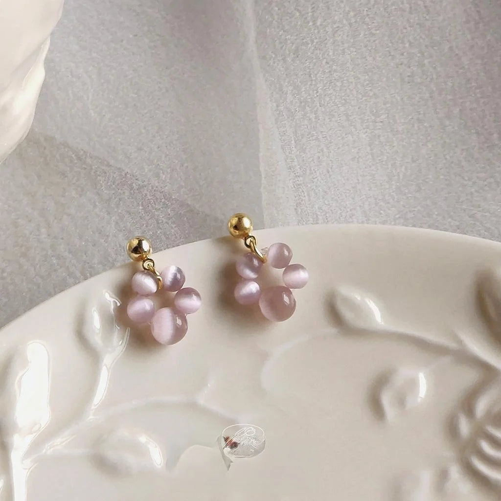 14K Gold Plated Purple Synthetic Cat Eye Stone Stud Earrings French Vintage Irregular Geometric