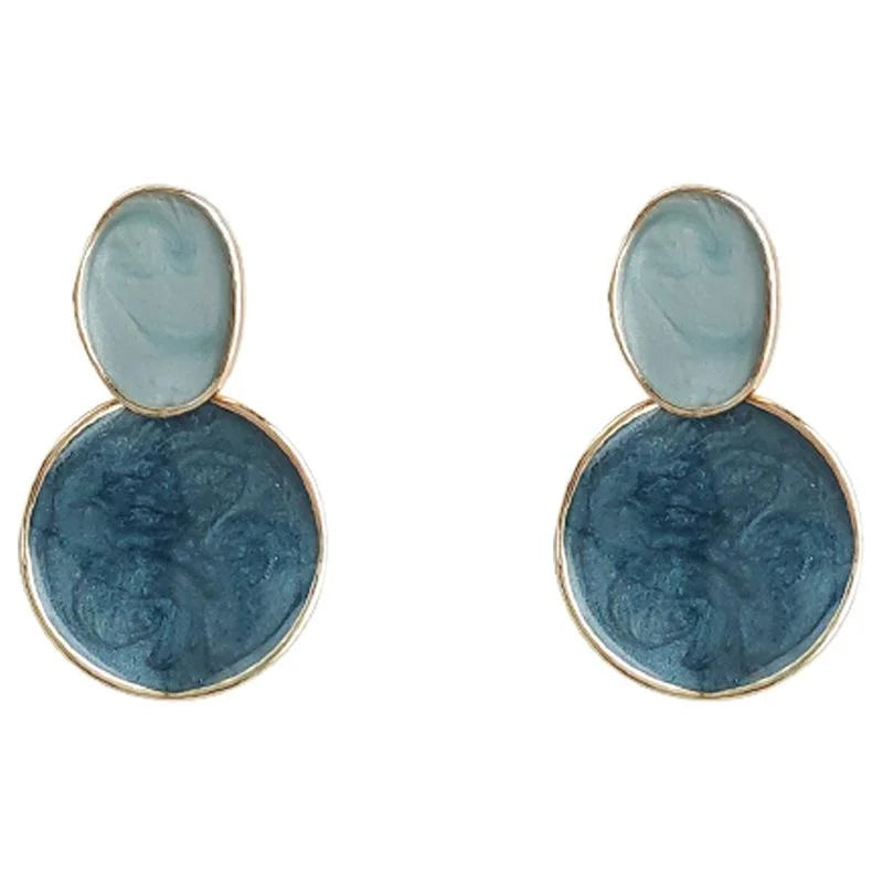French Elegant Haze Blue Gradient Enamel Copper Geometric Round Oval Stud Earrings