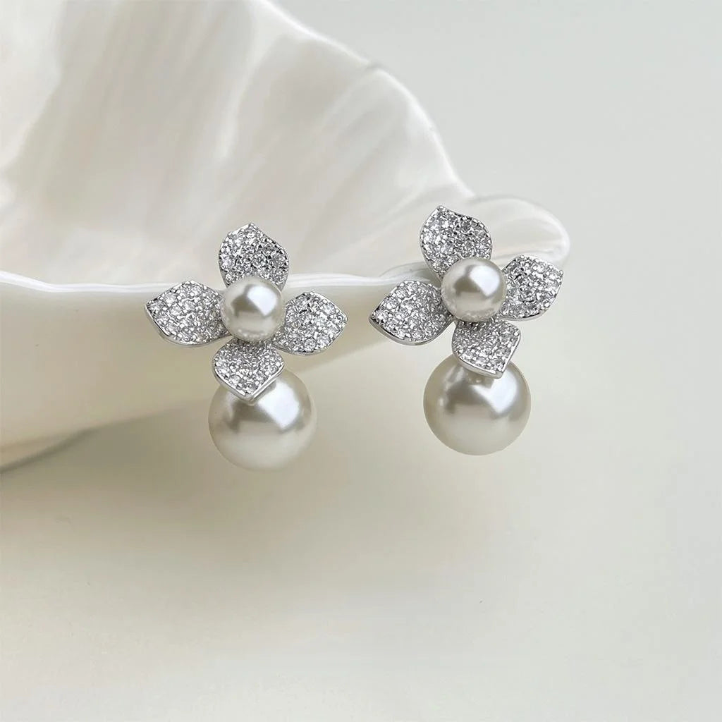 Sweet Flower Glass Pearl Zircon Micro Pave Copper Drop Earrings For Women