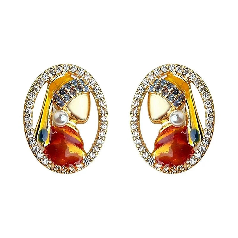 Maillard Style Pearl Girl Portrait Stud Earrings Copper Enamel Zircon
