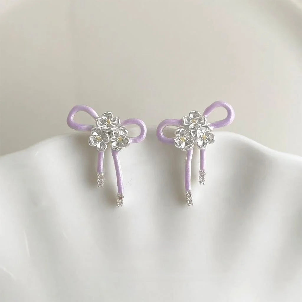 Eco-Friendly Copper Enamel Glazed Light Purple Bow Drop Earrings Sweet Fashion Jewelry
