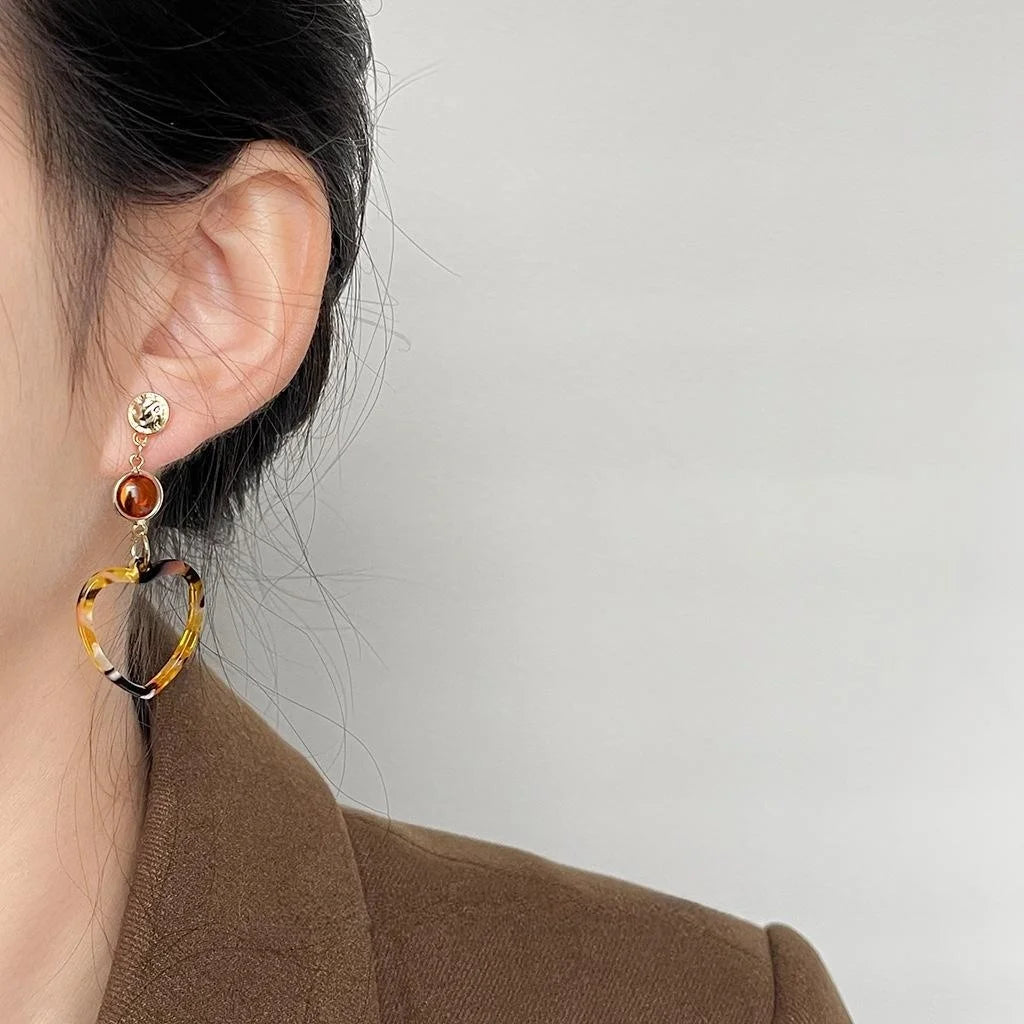 Original Design Leopard Print Hollow Heart Drop Earrings Copper Handmade Maillard Style