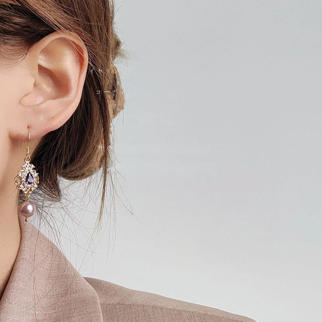 French Vintage Copper Drop Earrings With Micro Pave Zircon Teardrop Pearl And Silver Plated Pins