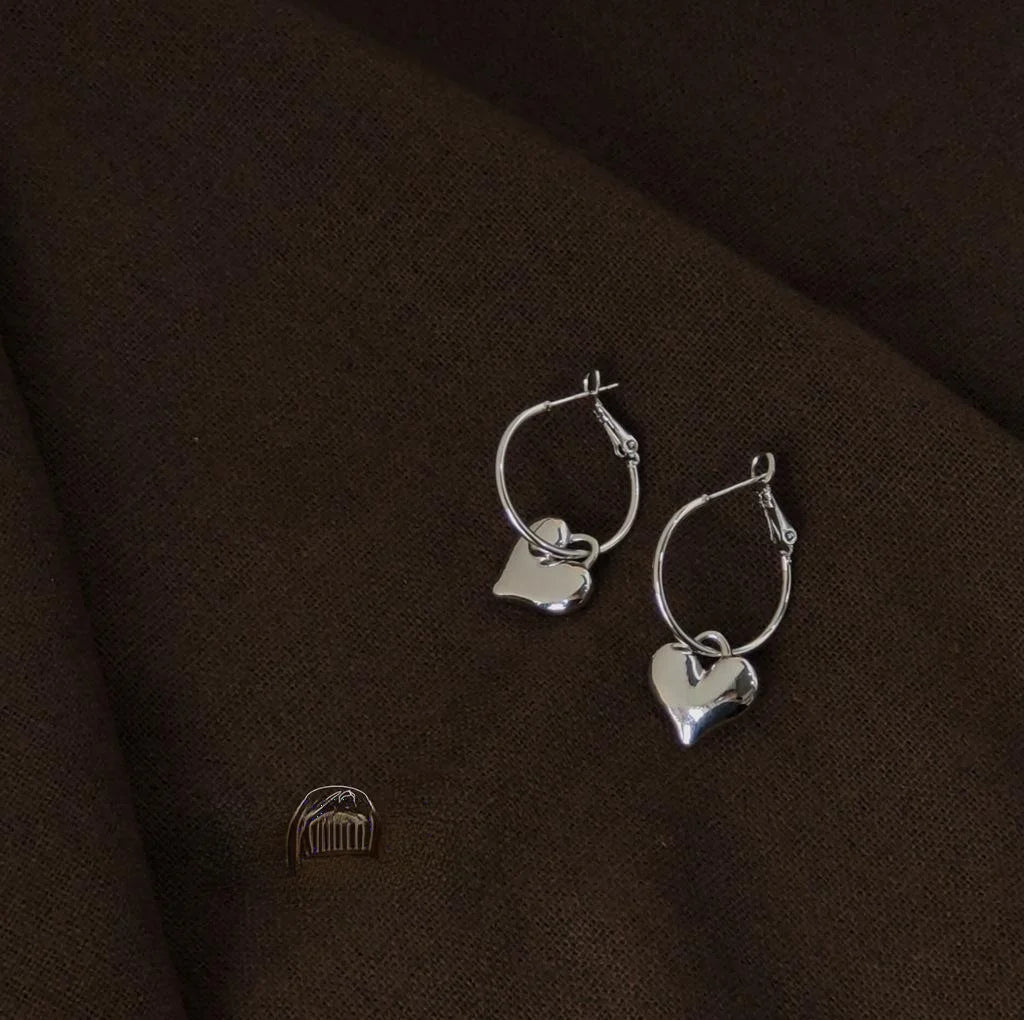Silver Plated Copper 3D Smooth Heart Drop Earrings, Premium Western Style Fashion Jewelry