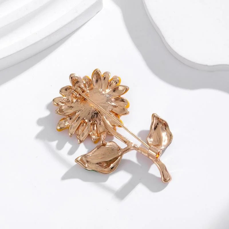 Elegant Korean Style Rhinestone Enamel Sunflower Brooch, Creative Floral Lapel Pin Corsage Gift