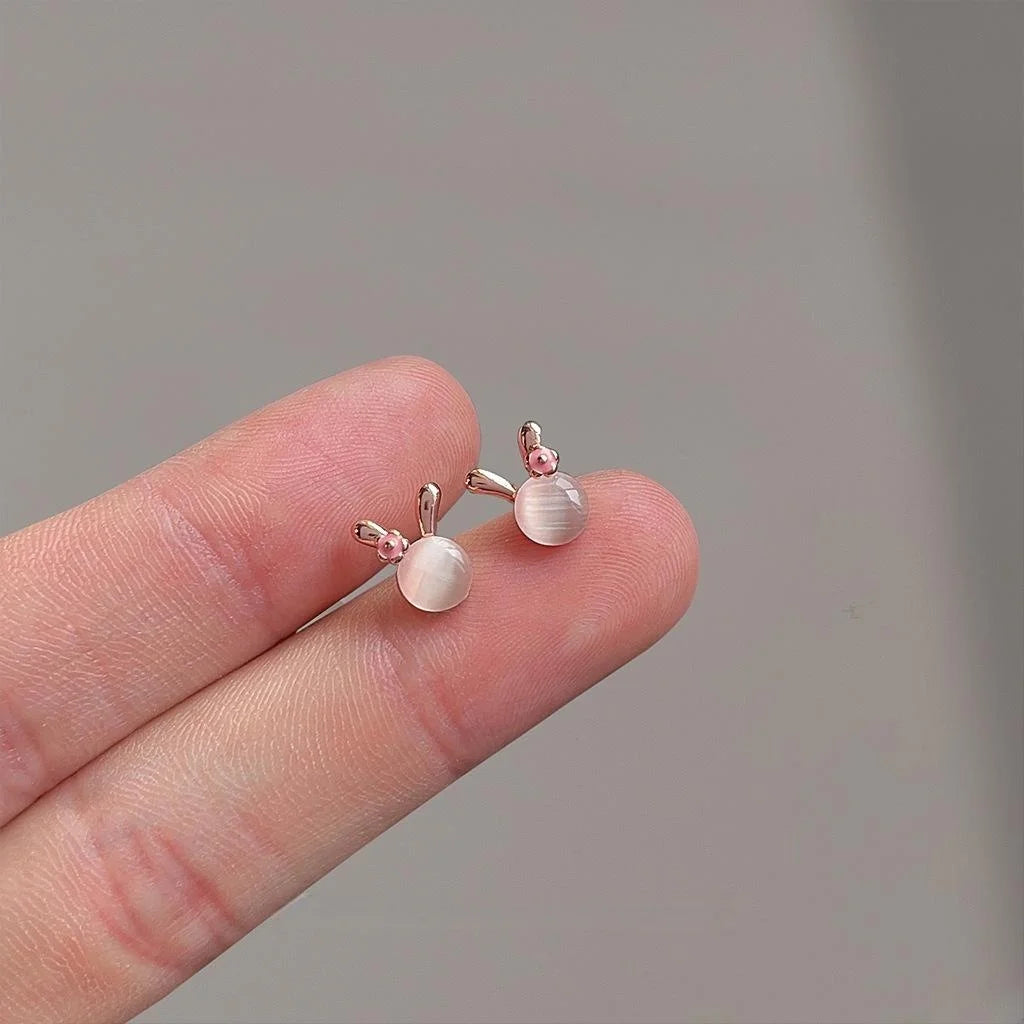 Sweet Rose Gold Copper Rabbit Stud Earrings With Glass Cat Eye Stone And Enamel Animal Design