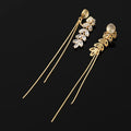 Elegant Gold Alloy Wheat Ear Marquise Zircon Tassel Stud & Clip On No Piercing Long Chain Dangle Earrings