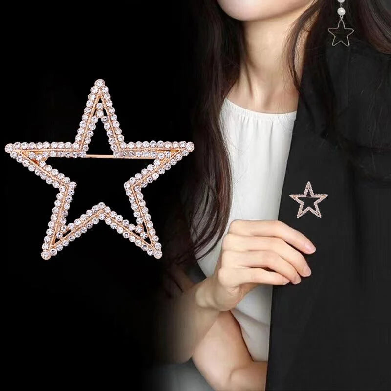Elegant Hollow Five Point Star Rhinestone Brooch, Silver Alloy Lapel Pin Corsage Suit Accessory Gift