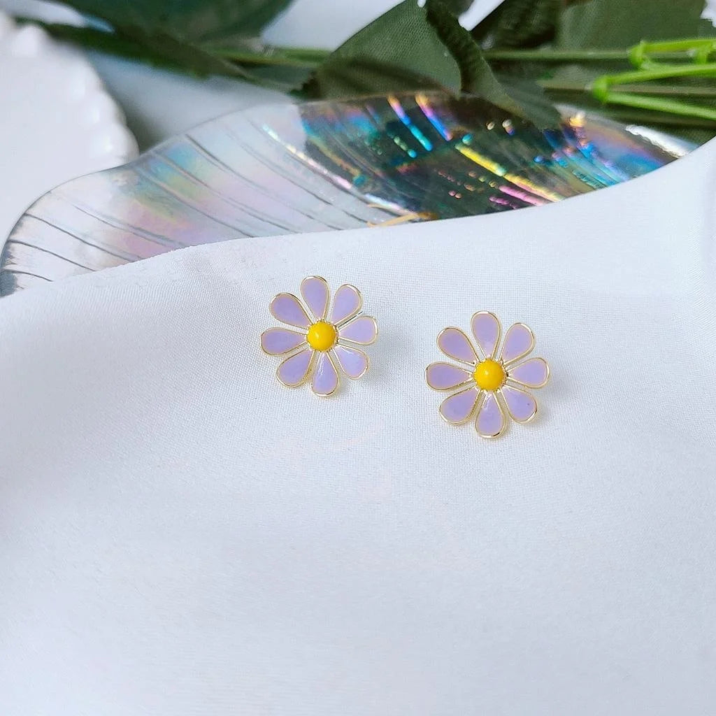 Korean Style 14K Gold Plated Alloy Daisy Enamel Stud Earrings