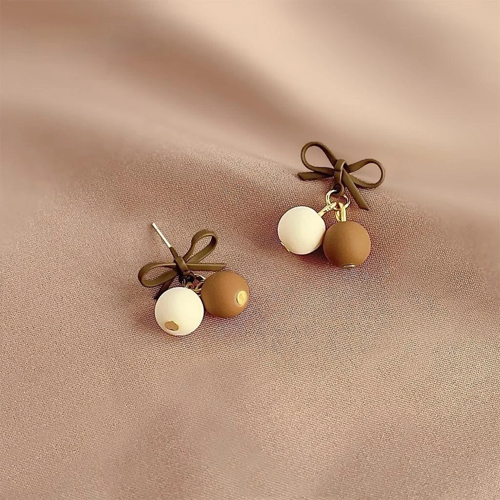 Maillard Brown Bow Cherry Drop Earrings Copper Sweet Autumn Winter Jewelry
