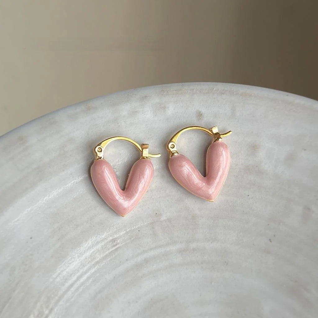 Sweet Pink Enamel Heart Copper Stud Earrings Double Sided Minimalist Fashion Jewelry